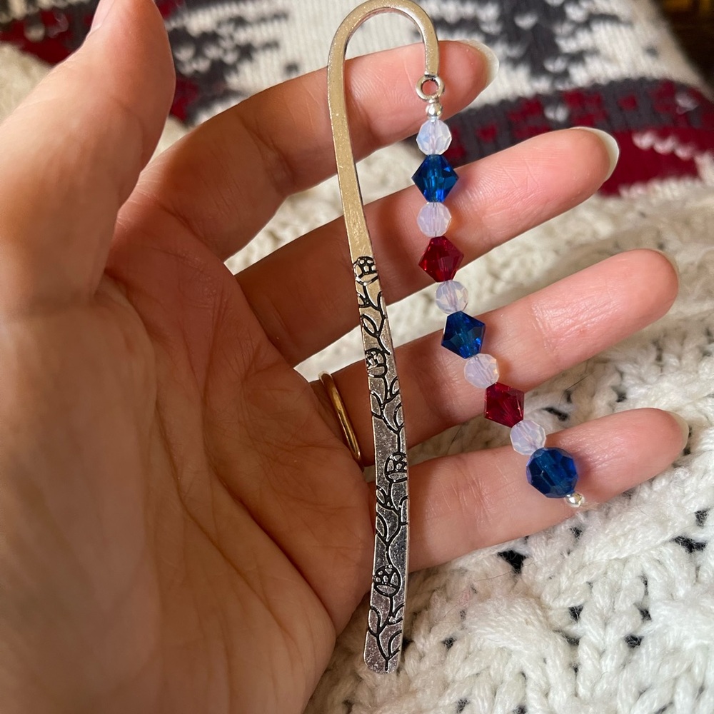 Elegant silver red,white, and blue Swarovski crystal bookmark